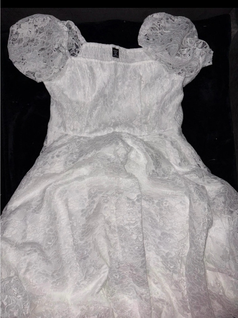 Girls White Lace Puff-Sleeve Dress